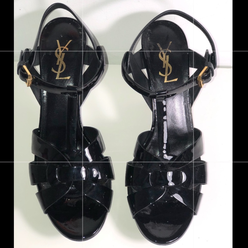Ysl tribute platform sandals in patent leather black gold